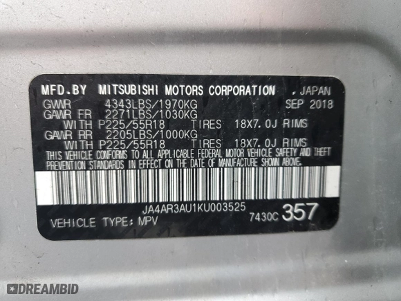 2019 Mitsubishi Outlander Sport ES 2.0 with VIN JA4AR3AU1KU003525, listed as a Copart auction lot 52702335 with 121,170 mi miles and Salvage Title. Bid and sale history available at carsss.com. Image 14.