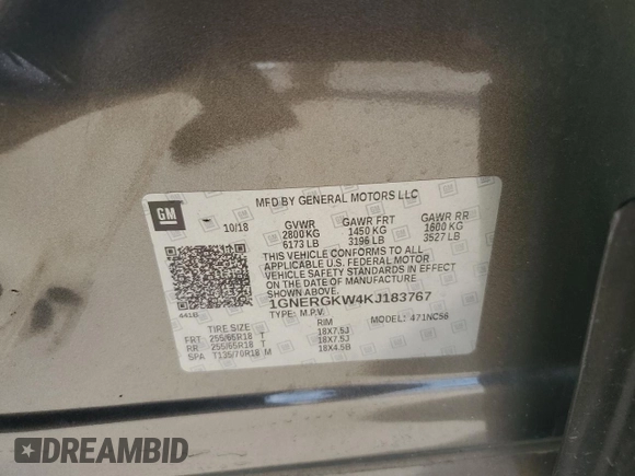 2019 Chevrolet Traverse LT Cloth z VIN 1GNERGKW4KJ183767, wystawiony jako Copart lot #56210095 z przebiegiem 57 225 mil mil oraz Szkoda całkowita • Salvage title. Historia ofert i sprzedaży dostępna na DreamBid. Obrazek 12.