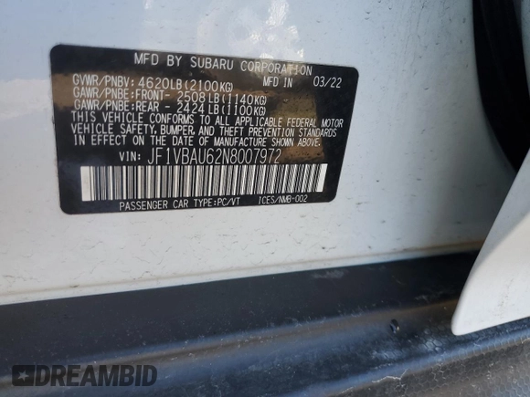 2022 Subaru WRX GT with VIN JF1VBAU62N8007972, listed as a Copart auction lot 47626025 with 20,634 mi miles and Salvage title. Bid and sale history available at DreamBid. Image 12.
