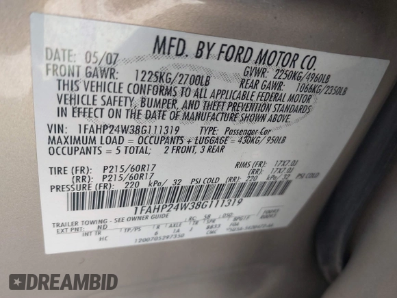 2008 Ford Taurus SEL with VIN 1FAHP24W38G111319, listed as a IAAI auction lot 41585092 with 216,419 mi miles. Bid and sale history available at carsss.com. Image 9.