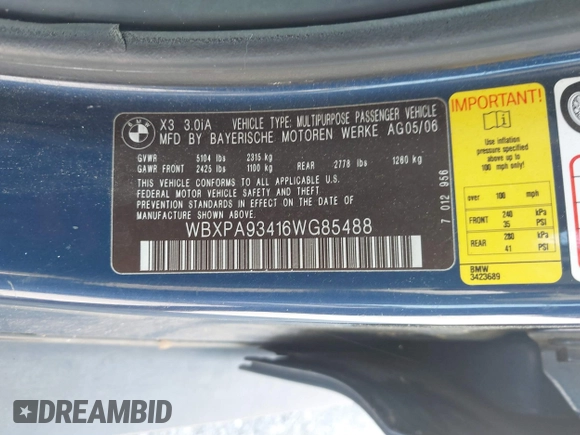 2006 BMW X3 3.0i with VIN WBXPA93416WG85488, listed as a IAAI auction lot 42651480 with 161,847 mi miles and . Bid and sale history available at DreamBid. Image 9.