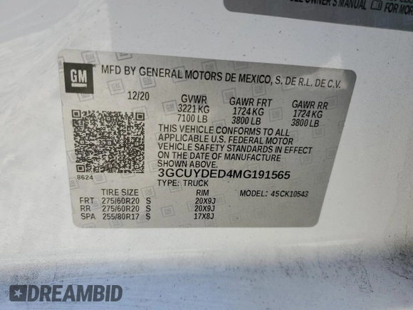 2021 Chevrolet Silverado 1500 LT with VIN 3GCUYDED4MG191565, listed as a Copart auction lot 89302975 with 113,808 mi miles and Salvage Title. Bid and sale history available at carsss.com. Image 12.