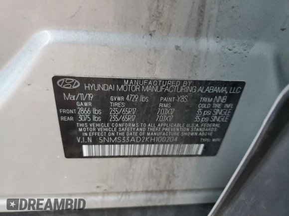 2019 Hyundai Santa Fe SEL Plus z VIN 5NMS33AD2KH100204, wystawiony jako Copart lot #82542424 z przebiegiem 56 214 mil mil oraz Szkody całkowita. Historia ofert i sprzedaży dostępna na DreamBid. Obrazek 12.