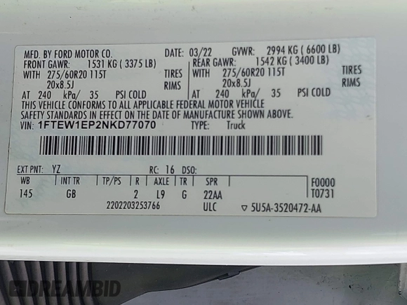 2022 Ford F-150 XL с VIN 1FTEW1EP2NKD77070, выставлен на аукционе IAAI как лот 42731722 с пробегом 38 807 миль миль и . История ставок и продаж доступна на DreamBid. Изображение 9.