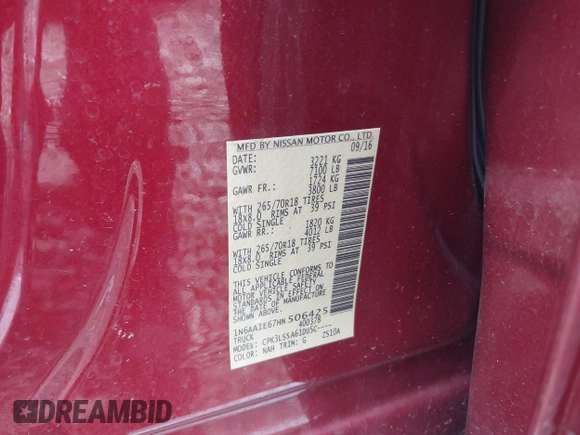 2017 Nissan Titan Platinum Reserve z VIN 1N6AA1E67HN506425, wystawiony jako IAAI lot #42147358 z przebiegiem 88 519 mil mil oraz . Historia ofert i sprzedaży dostępna na DreamBid. Obrazek 9.