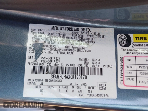 2012 Ford Fusion SE with VIN 3FAHP0HAXCR190170, listed as a IAAI auction lot 42641299 with 180,760 mi miles and . Bid and sale history available at DreamBid. Image 9.