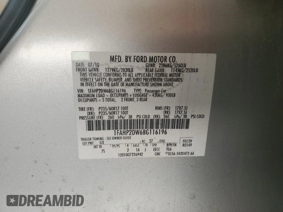 2011 Ford Taurus SE with VIN 1FAHP2DW6BG116196, listed as a Copart auction lot 52441955 with 201,487 mi miles and Salvage Title. Bid and sale history available at DreamBid. Image 12.