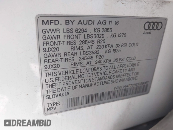 2017 Audi Q7 Premium Plus z VIN WA1LHAF72HD038067, wystawiony jako IAAI lot #41835136 z przebiegiem 88 949 mil mil oraz . Historia ofert i sprzedaży dostępna na DreamBid. Obrazek 9.