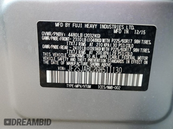 2016 Subaru Forester 2.5i with VIN JF2SJABC2GH511130, listed as a Copart auction lot 56938435 with 50,408 mi miles and Salvage title. Bid and sale history available at DreamBid. Image 13.