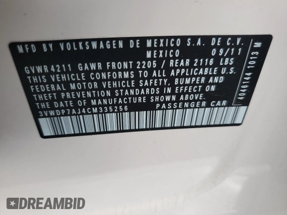 2012 Volkswagen Jetta SE with VIN 3VWDP7AJ4CM335256, listed as a Copart auction lot 57080145 with 228,239 mi miles and Salvage title. Bid and sale history available at DreamBid. Image 12.