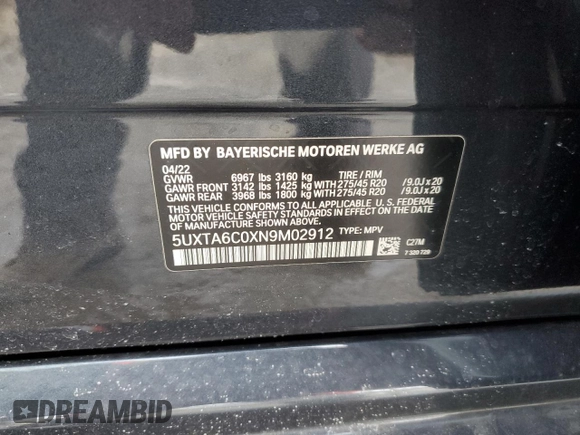 2022 BMW X5 xDrive45e with VIN 5UXTA6C0XN9M02912, listed as a Copart auction lot 45491845 with 14,586 mi miles and Salvage Title. Bid and sale history available at DreamBid. Image 14.