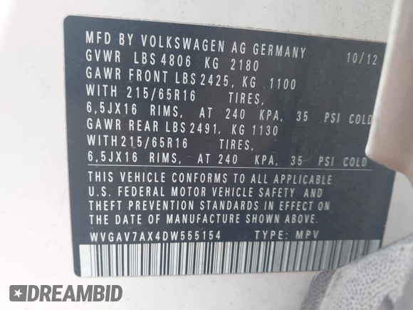2013 Volkswagen Tiguan SE z VIN WVGAV7AX4DW555154, wystawiony jako IAAI lot #42200452 z przebiegiem 190 745 mil mil oraz . Historia ofert i sprzedaży dostępna na DreamBid. Obrazek 9.
