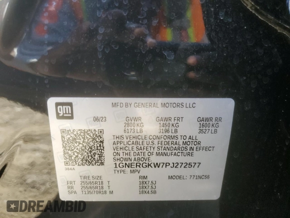 2023 Chevrolet Traverse LT Cloth with VIN 1GNERGKW7PJ272577, listed as a Copart auction lot 57145305 with 7,190 mi miles and Salvage title. Bid and sale history available at DreamBid. Image 14.