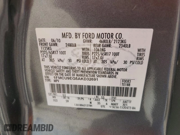 2010 Ford Escape Limited with VIN 1FMCU9EG5AKD32691, listed as a Copart auction lot 59997625 with 143,159 mi miles and Salvage title. Bid and sale history available at DreamBid. Image 13.