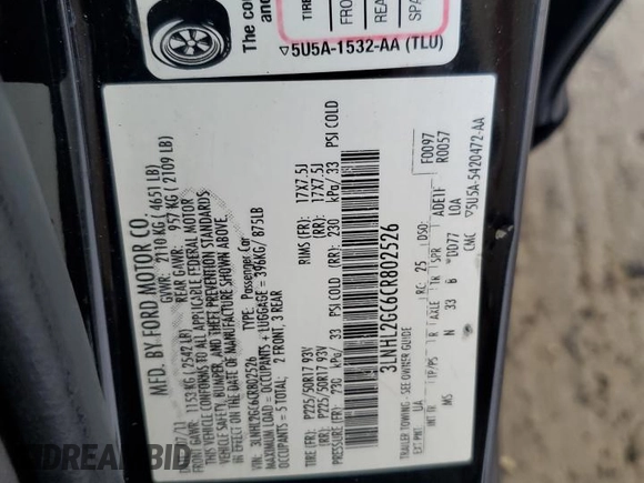 2012 Lincoln MKZ with VIN 3LNHL2GC6CR802526, listed as a Copart auction lot 60299365 with 181,247 mi miles and Salvage title. Bid and sale history available at DreamBid. Image 12.