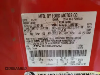 2011 Ford F-150 XL with VIN 1FTFW1EF2BKD60292, listed as a Copart auction lot 53454125 with 158,361 mi miles and Salvage title. Bid and sale history available at DreamBid. Image 12.