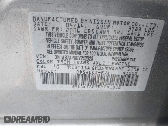2014 Nissan Sentra SV with VIN 3N1AB7AP9EY242028, listed as a IAAI auction lot 42665433 with 191,906 mi miles and . Bid and sale history available at DreamBid. Image 9.