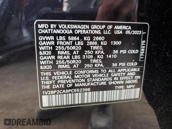 2023 Volkswagen Atlas SEL with VIN 1V2BP2CA9PC552396, listed as a Copart auction lot 73565154 with 14,687 mi miles and Salvage title. Bid and sale history available at DreamBid. Image 13.