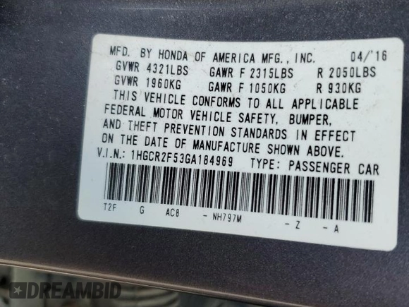 2016 Honda Accord Sport z VIN 1HGCR2F53GA184969, wystawiony jako Copart lot #64504045 z przebiegiem 165 146 mil mil oraz Szkoda całkowita • Salvage title. Historia ofert i sprzedaży dostępna na DreamBid. Obrazek 12.