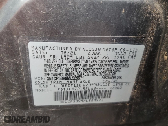 2021 Nissan Kicks S с VIN 3N1CP5BV9ML529571, выставлен на аукционе Copart как лот 44409105 с пробегом 75 657 миль миль и Списание • Salvage title. История ставок и продаж доступна на DreamBid. Изображение 13.