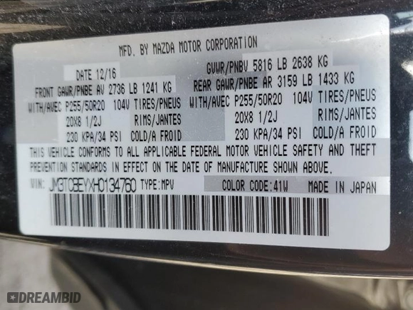 2017 Mazda CX-9 Signature with VIN JM3TCBEYXH0134760, listed as a Copart auction lot 50600995 with 93,391 mi miles and Clean Title. Bid and sale history available at carsss.com. Image 14.