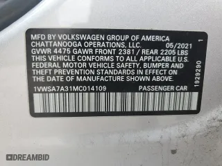 2021 Volkswagen Passat 2.0T SE with VIN 1VWSA7A31MC014109, listed as a Copart auction lot 48856835 with 138,222 mi miles and Salvage Title. Bid and sale history available at carsss.com. Image 14.