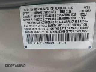2005 Honda Odyssey EX-L with VIN 5FNRL38705B087733, listed as a IAAI auction lot 42165084 with 254,357 mi miles. Bid and sale history available at carsss.com. Image 9.