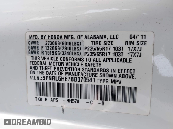 2011 Honda Odyssey EX-L with VIN 5FNRL5H67BB070541, listed as a IAAI auction lot 41812554 with 150,898 mi miles and . Bid and sale history available at DreamBid. Image 9.