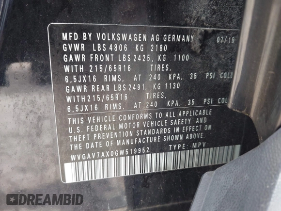 2016 Volkswagen Tiguan S z VIN WVGAV7AX0GW519952, wystawiony jako IAAI lot #42331644 z przebiegiem 92 232 mil mil oraz . Historia ofert i sprzedaży dostępna na DreamBid. Obrazek 9.