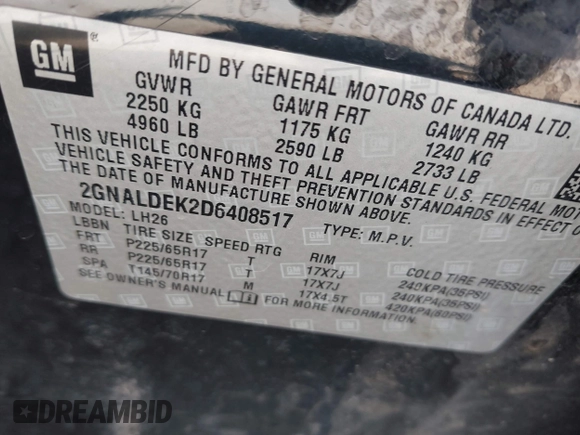 2013 Chevrolet Equinox LT z VIN 2GNALDEK2D6408517, wystawiony jako IAAI lot #42425782 z przebiegiem 213 040 mil mil oraz . Historia ofert i sprzedaży dostępna na DreamBid. Obrazek 9.