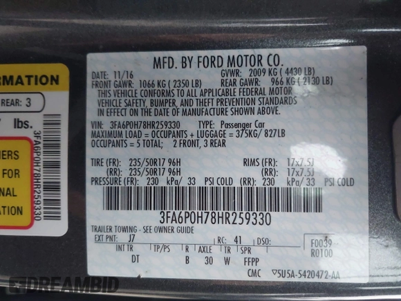 2017 Ford Fusion SE with VIN 3FA6P0H78HR259330, listed as a IAAI auction lot 41257890 with 63,360 mi miles. Bid and sale history available at carsss.com. Image 9.