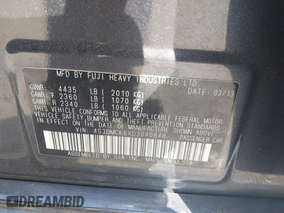 2013 Subaru Legacy Limited with VIN 4S3BMCK6XD3040848, listed as a IAAI auction lot 41913283 with 191,013 mi miles and . Bid and sale history available at DreamBid. Image 9.