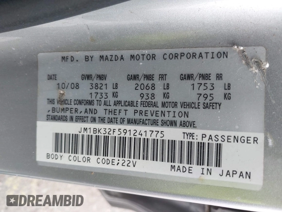 2009 Mazda 3 i Touring Value with VIN JM1BK32F591241775, listed as a IAAI auction lot 41653654 with 143,055 mi miles and . Bid and sale history available at DreamBid. Image 9.