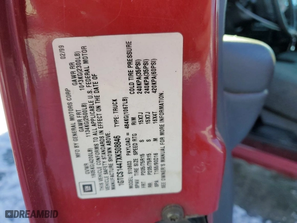 1999 GMC Sonoma with VIN 1GTCS1447XK508846, listed as a Copart auction lot 87912665 with 151,221 mi miles and Salvage Title. Bid and sale history available at carsss.com. Image 13.