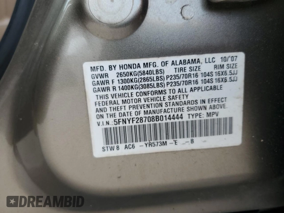 2008 Honda Pilot EX-L with VIN 5FNYF28708B014444, listed as a Copart auction lot 71111834 with 207,574 mi miles and Salvage Title. Bid and sale history available at DreamBid. Image 13.