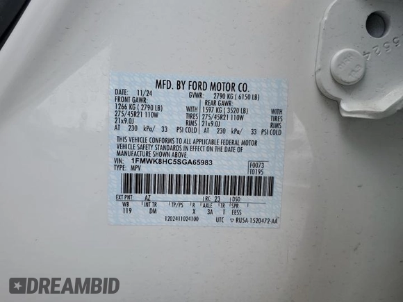 2025 Ford Explorer Platinum with VIN 1FMWK8HC5SGA65983, listed as a Copart auction lot 49856645 with 3,870 mi miles and Salvage title. Bid and sale history available at DreamBid. Image 14.