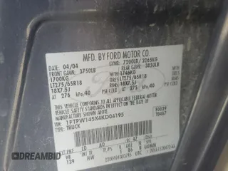 2004 Ford F-150 XLT z VIN 1FTPW145X4KD04195, wystawiony jako Copart lot #53318045 z przebiegiem Nie podano mil oraz Szkoda całkowita • Salvage title. Historia ofert i sprzedaży dostępna na DreamBid. Obrazek 12.