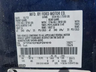 2013 Ford F-150 XL with VIN 1FTFW1EF8DFD91610, listed as a IAAI auction lot 42070850 with 585,502 mi miles. Bid and sale history available at carsss.com. Image 9.