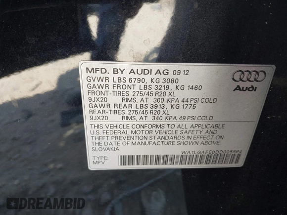 2013 Audi Q7 3.0T Premium Plus with VIN WA1LGAFE0DD005564, listed as a IAAI auction lot 40207111 with 1 mi miles. Bid and sale history available at carsss.com. Image 9.