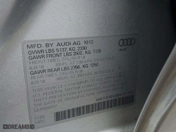 2013 Audi allroad Premium Plus with VIN WA1UFAFL0DA141152, listed as a Copart auction lot 52128115 with 151,210 mi miles and Non Repairable. Bid and sale history available at carsss.com. Image 12.