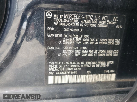 2000 Mercedes-Benz M 320/430/500 with VIN 4JGAB72E7YA168445, listed as a Copart auction lot 59401235 with 231,591 mi miles and Salvage title. Bid and sale history available at DreamBid. Image 13.