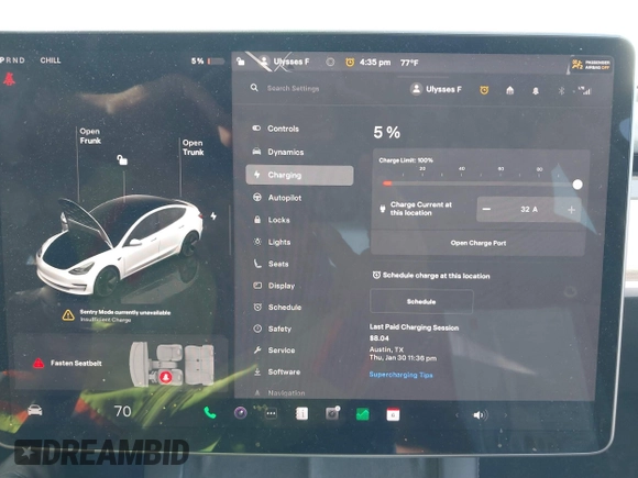 2023 Tesla Model 3 with VIN 5YJ3E1EAXPF436212, listed as a IAAI auction lot 41727400 with 81,011 mi miles and . Bid and sale history available at carsss.com. Image 17.