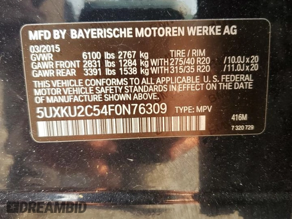 2015 BMW X6 xDrive35i with VIN 5UXKU2C54F0N76309, listed as a Copart auction lot 54869323 with 36,506 mi miles. Bid and sale history available at carsss.com. Image 13.