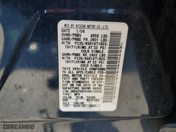 2004 Nissan Murano SL with VIN JN8AZ08TX4W210038, listed as a Copart auction lot 85348194 with 177,697 mi miles and Salvage Title. Bid and sale history available at carsss.com. Image 13.