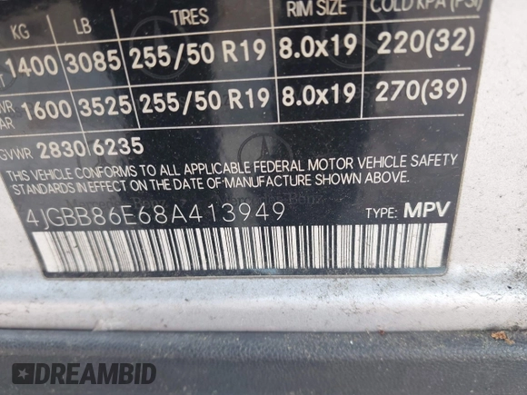 2008 Mercedes-Benz M 350 с VIN 4JGBB86E68A413949, выставлен на аукционе IAAI как лот 42452820 с пробегом 145 765 миль миль и . История ставок и продаж доступна на DreamBid. Изображение 9.