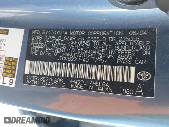 2004 Toyota Prius with VIN JTDKB22U640112757, listed as a IAAI auction lot 42145750 with 181,310 mi miles and . Bid and sale history available at DreamBid. Image 9.