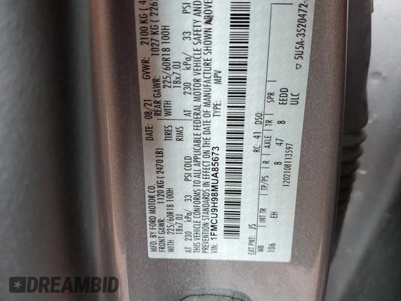 2021 Ford Escape SEL with VIN 1FMCU9H98MUA85673, listed as a Copart auction lot 62779135 with 142,902 mi miles and Clean title. Bid and sale history available at DreamBid. Image 13.