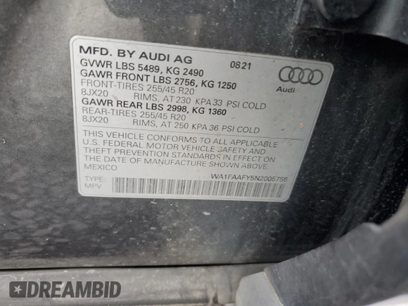 2022 Audi Q5 S line Prestige with VIN WA1FAAFY5N2005758, listed as a Copart auction lot 44140635 with 30,765 mi miles and Salvage title. Bid and sale history available at DreamBid. Image 13.