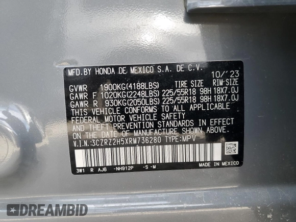 2024 Honda HR-V Sport with VIN 3CZRZ2H5XRM736280, listed as a Copart auction lot 48259415 with 0 mi miles and Salvage Title. Bid and sale history available at carsss.com. Image 13.