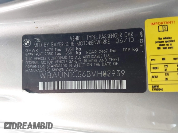 2011 BMW 1 Series 128i с VIN WBAUN1C56BVH82939, выставлен на аукционе IAAI как лот 41700305 с пробегом 91 792 миль миль и . История ставок и продаж доступна на DreamBid. Изображение 9.